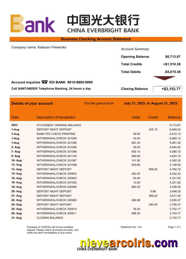 China Everbright Bank firm account statement